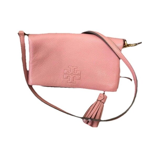 Tory Burch Thea Foldover Crossbody Pebbled Leather Pink Magnolia Bag Clutch - Picture 12 of 14